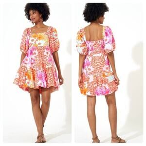 Oliphant Puff Sleeve Bubble Skirt Dress in Antigua Orange Floral size Small